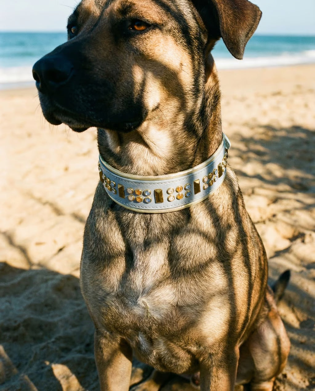 READY TO SHIP! 16" - 18" & 2" W Pastel Blue Yellow Gold Crystals Luxury Biothane Vegan Leather Dog Cat CoVA Collar