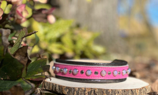 READY to SHIP!!! PREMIUM Italian 17.5"-19.5" & 1.5" Wide Ultra Luxury Italian Dog Cat Leather Pink Grey Opals Crystal CoVA Collar