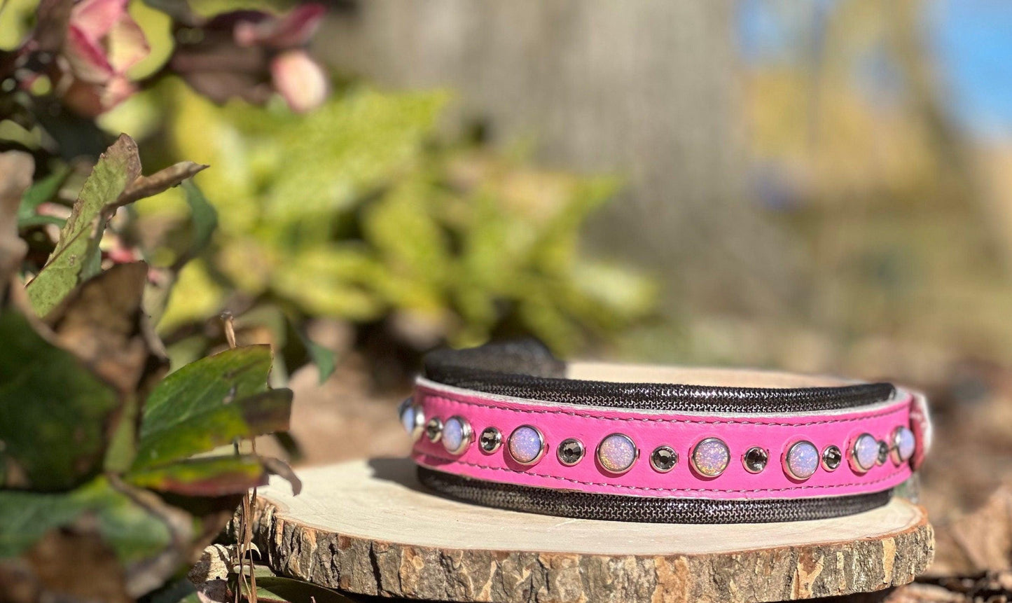 READY to SHIP!!! PREMIUM Italian 17.5"-19.5" & 1.5" Wide Ultra Luxury Italian Dog Cat Leather Pink Grey Opals Crystal CoVA Collar