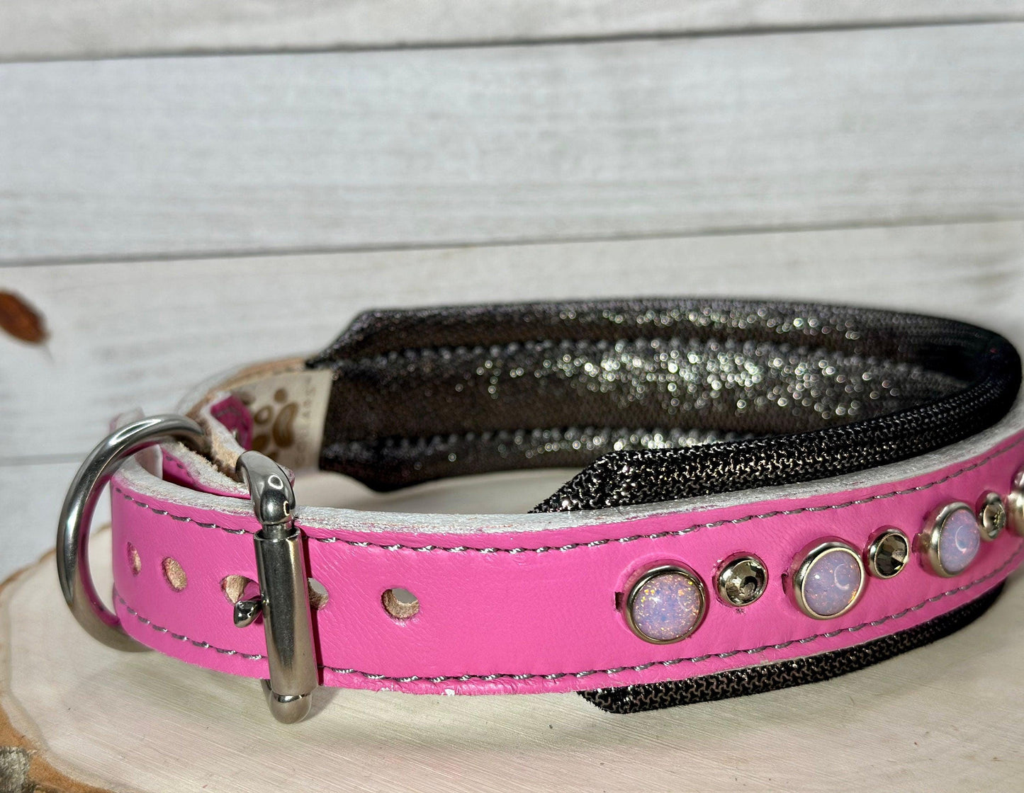 READY to SHIP!!! PREMIUM Italian 17.5"-19.5" & 1.5" Wide Ultra Luxury Italian Dog Cat Leather Pink Grey Opals Crystal CoVA Collar