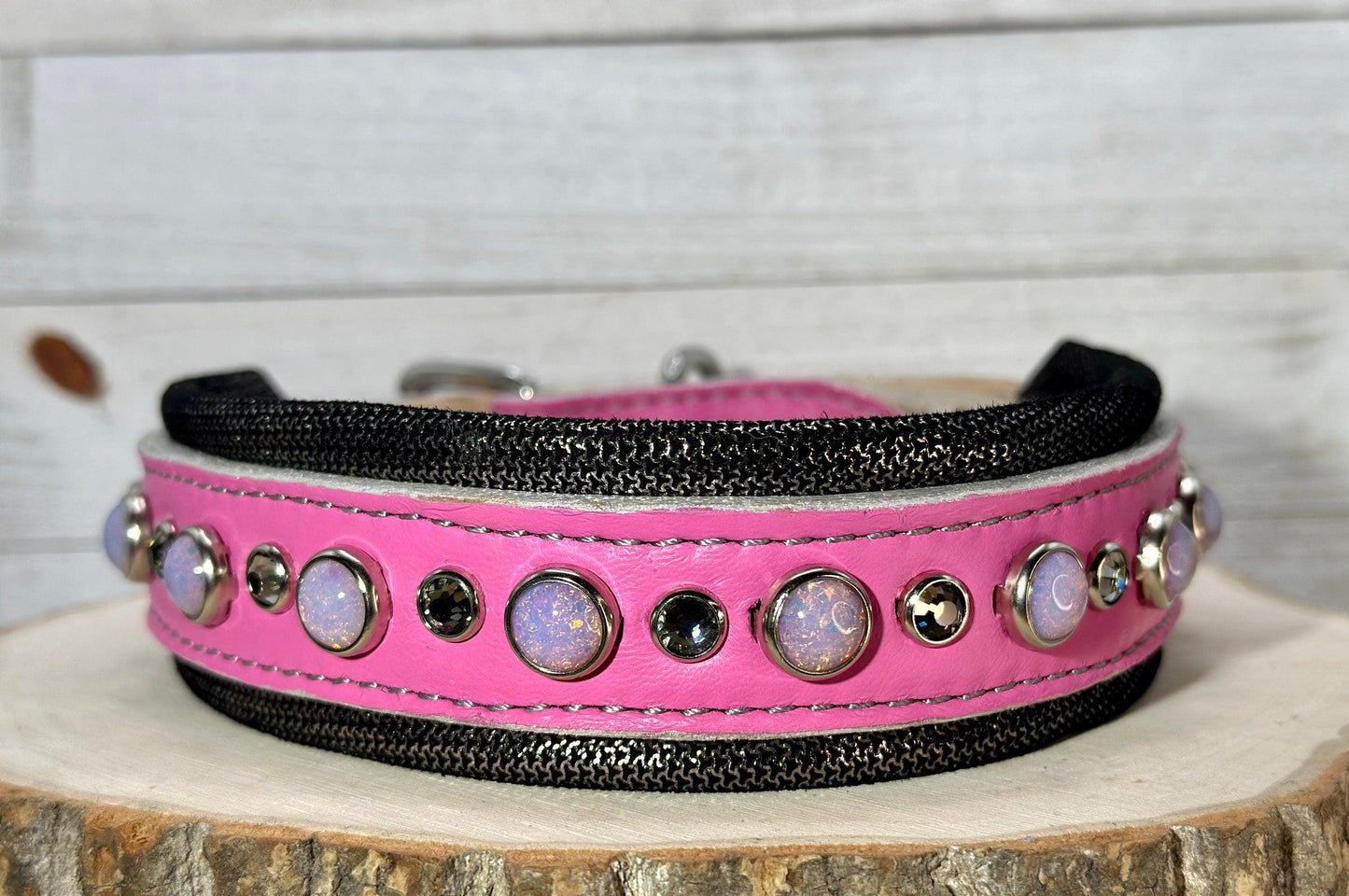 READY to SHIP!!! PREMIUM Italian 17.5"-19.5" & 1.5" Wide Ultra Luxury Italian Dog Cat Leather Pink Grey Opals Crystal CoVA Collar