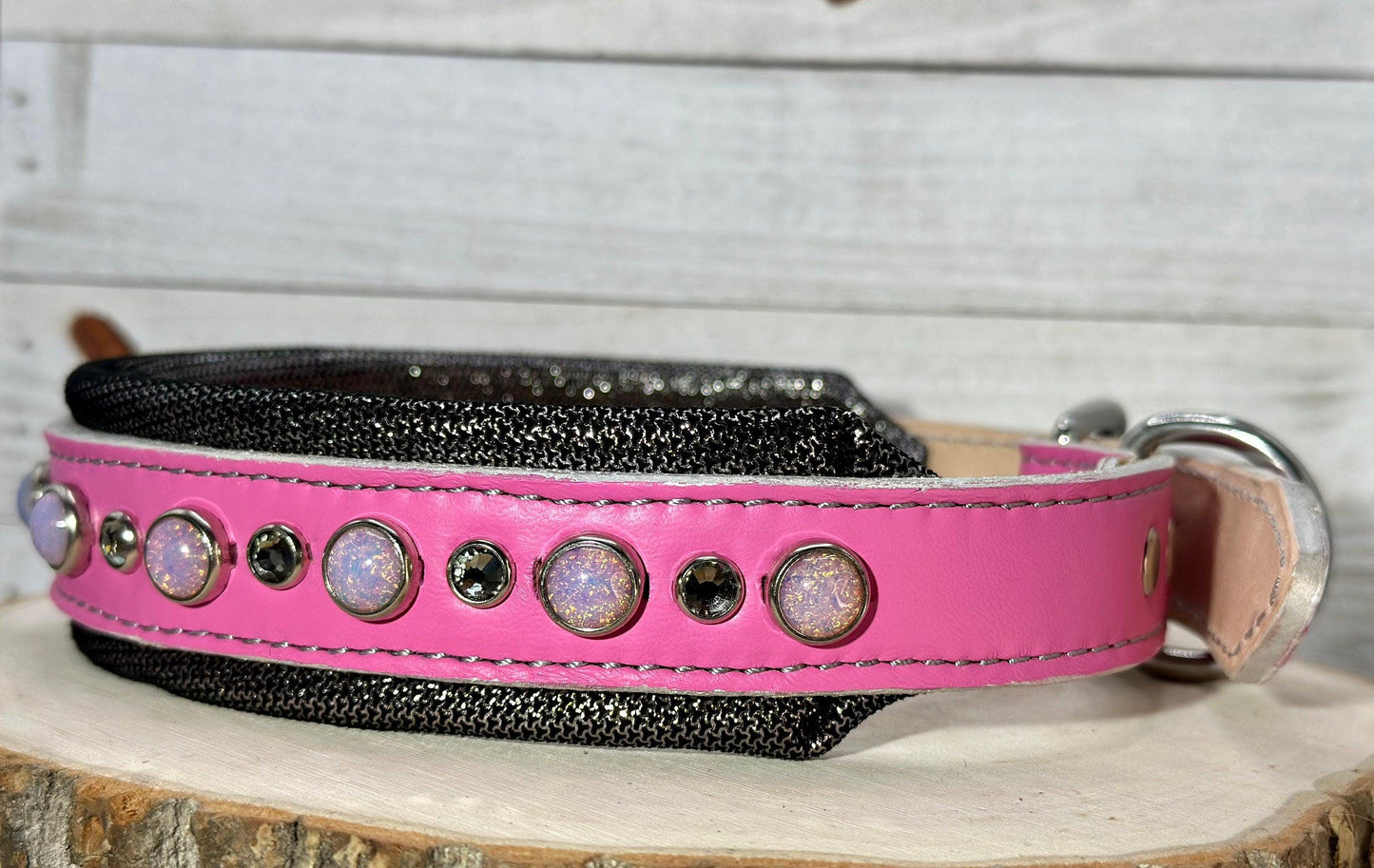 READY to SHIP!!! PREMIUM Italian 17.5"-19.5" & 1.5" Wide Ultra Luxury Italian Dog Cat Leather Pink Grey Opals Crystal CoVA Collar