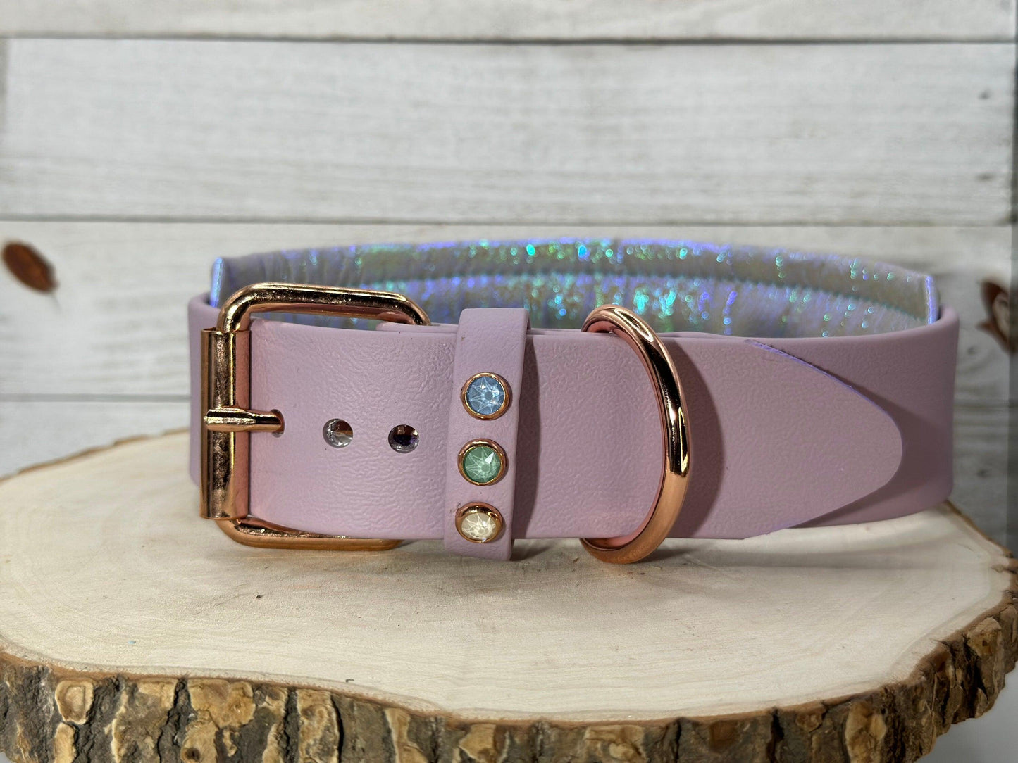 READY TO SHIP! 17" - 19" & 2" W Lavender Purple Green Rose Gold Crystals Luxury Biothane Vegan Leather Dog Cat CoVA Collar