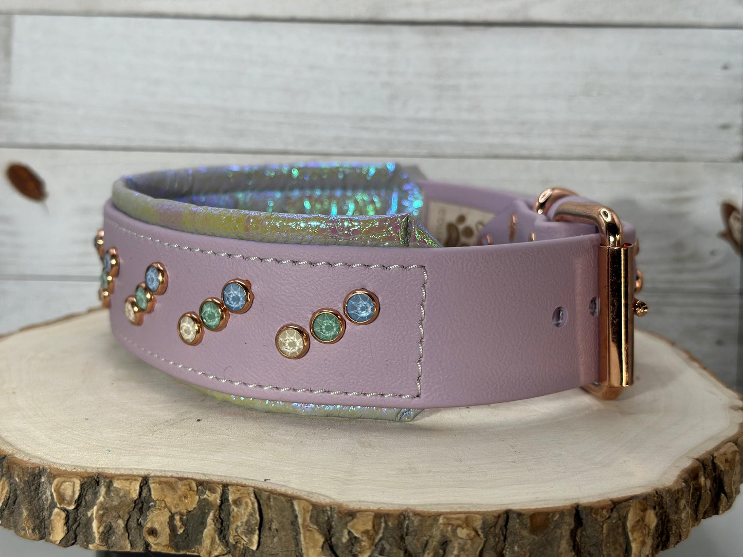 READY TO SHIP! 17" - 19" & 2" W Lavender Purple Green Rose Gold Crystals Luxury Biothane Vegan Leather Dog Cat CoVA Collar