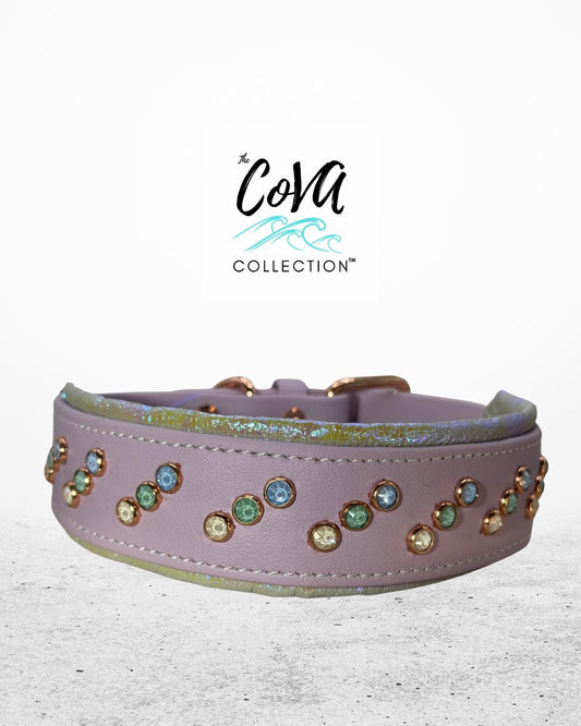 READY TO SHIP! 17" - 19" & 2" W Lavender Purple Green Rose Gold Crystals Luxury Biothane Vegan Leather Dog Cat CoVA Collar