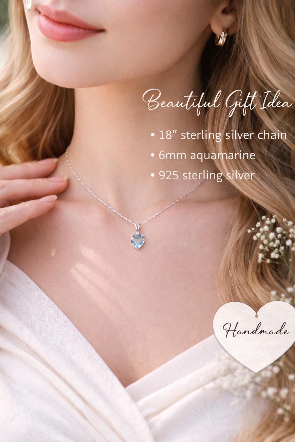Aquamarine Heart Necklace | Sterling Silver 18 Chain | March Birthstone Jewelry | Handmade Aquamarine Pendant Gift