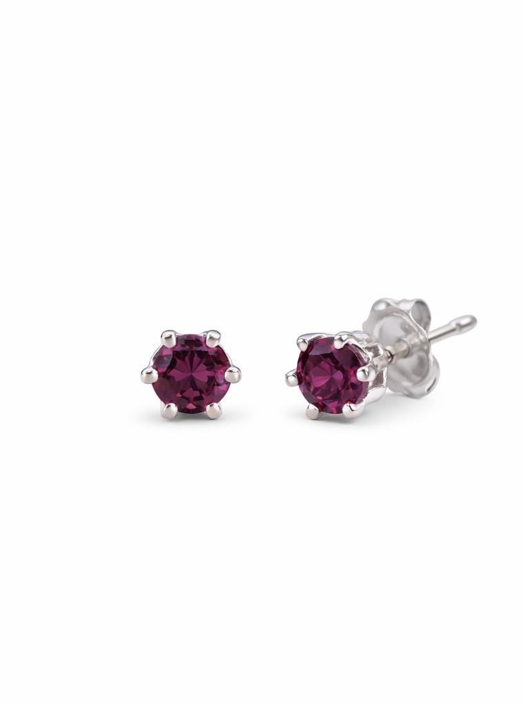 Rhodolite Garnet Stud Earrings | 4mm Natural Rhodo Garnet | Sterling Silver | Handmade Minimal Birthstone Studs