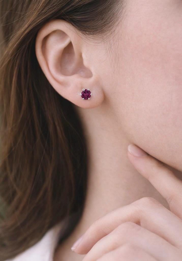 Rhodolite Garnet Stud Earrings | 4mm Natural Rhodo Garnet | Sterling Silver | Handmade Minimal Birthstone Studs