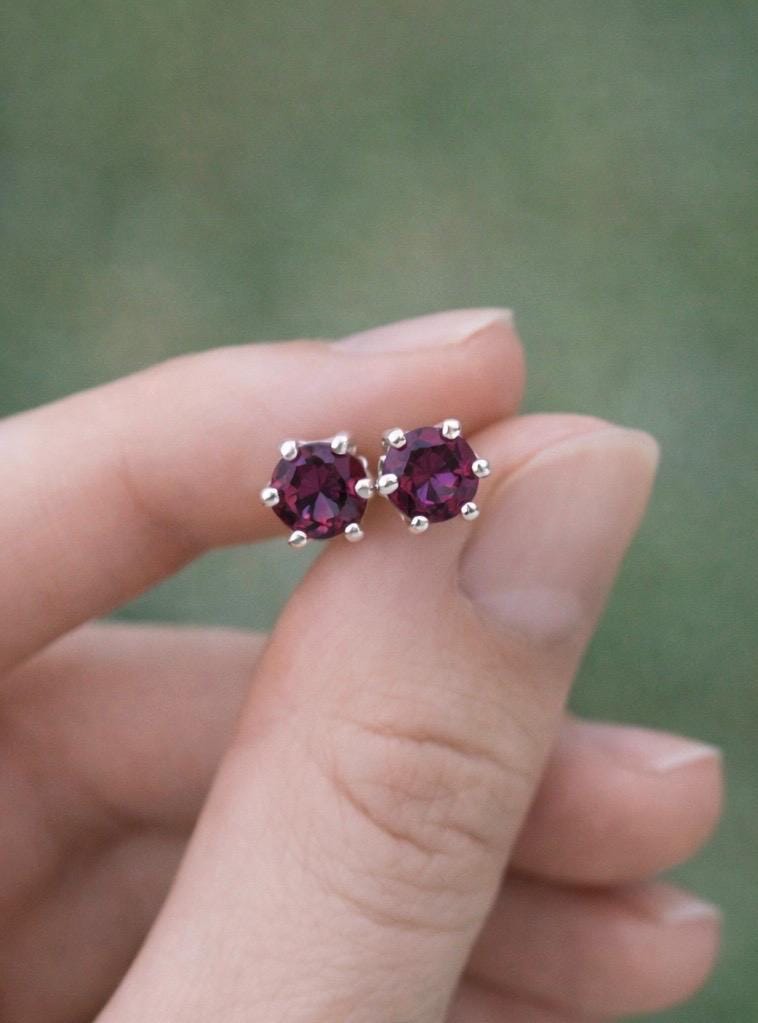 Rhodolite Garnet Stud Earrings | 4mm Natural Rhodo Garnet | Sterling Silver | Handmade Minimal Birthstone Studs