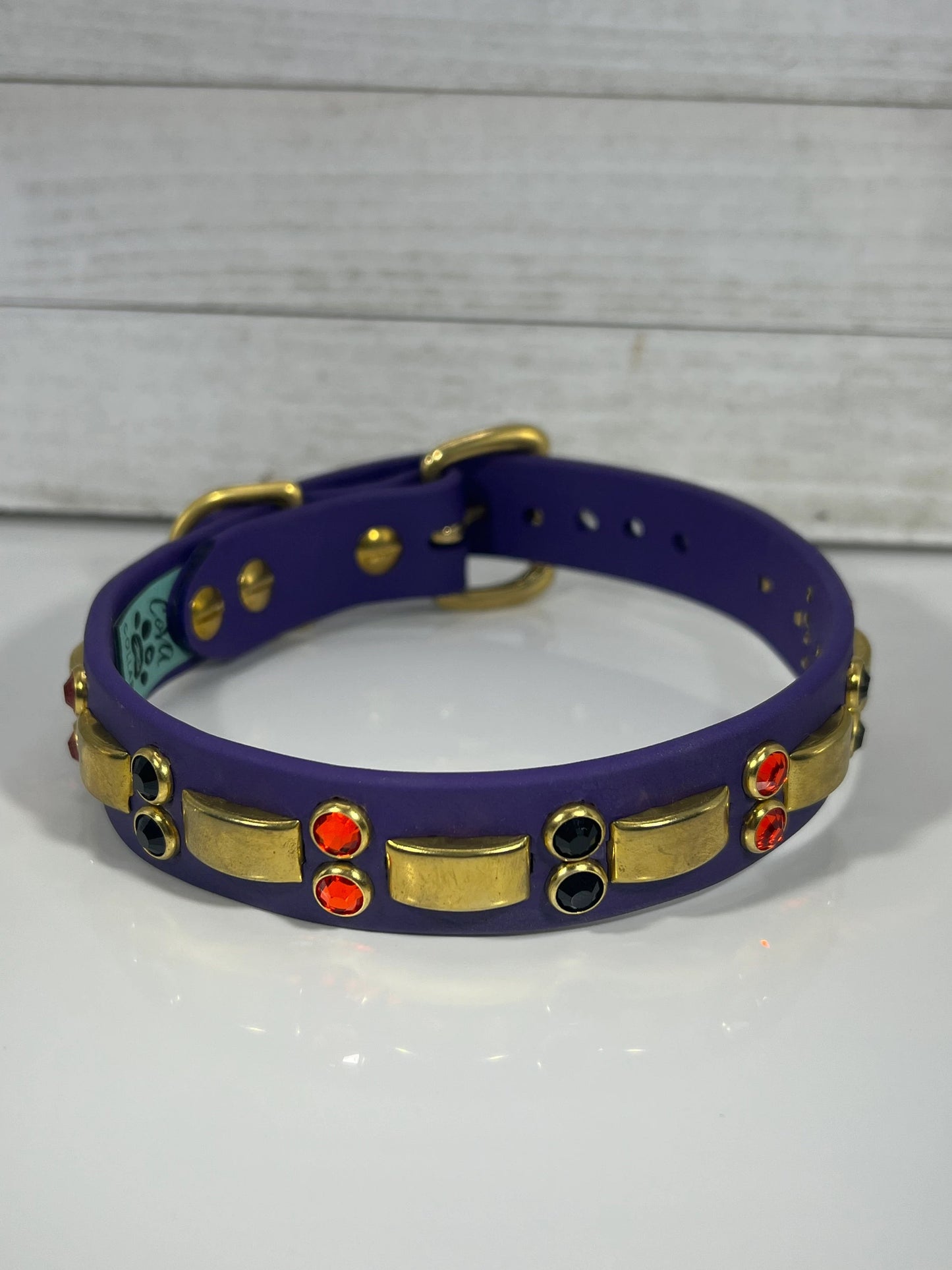 14” - 16” & 1" W Purple Brass Orange Black Bling Crystals Luxury Vegan Biothane Leather Dog CoVA Collar