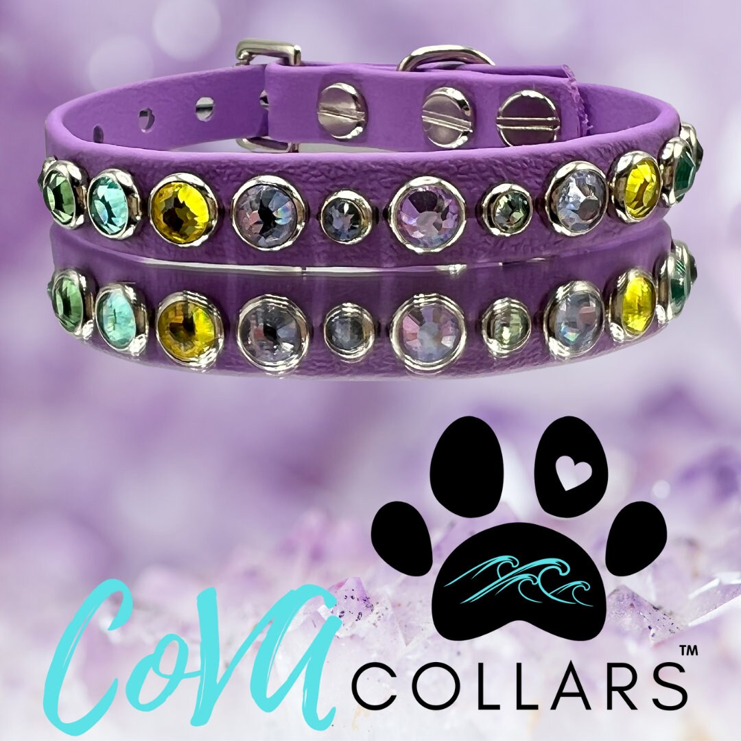 READY TO SHIP!!! 7.5" - 9.5" & .5" Wide Luxury Dog Cat Vegan Leather Biothane Amethyst Purple Crystal Collar