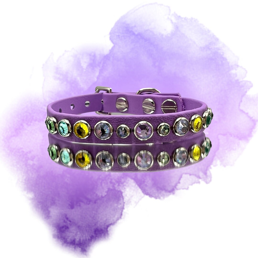 READY TO SHIP!!! 7.5" - 9.5" & .5" Wide Luxury Dog Cat Vegan Leather Biothane Amethyst Purple Crystal Collar