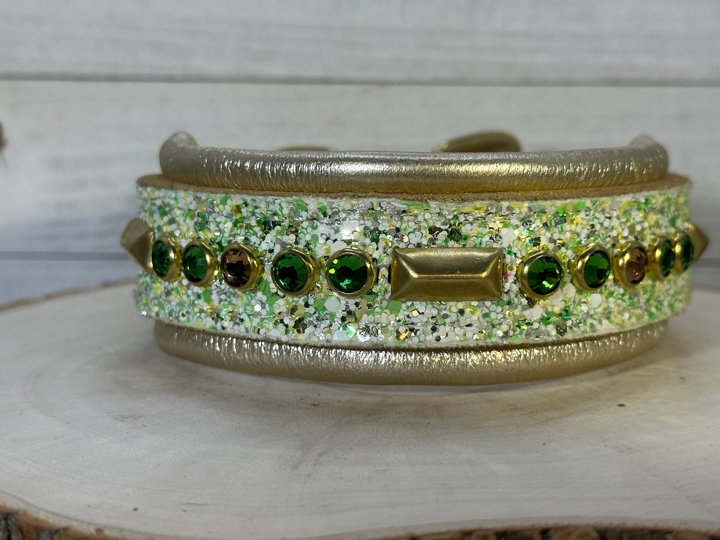 READY TO SHIP! 12.5" - 14.5" Glitter Gold Green Holiday Bling Crystals Luxury Leather Dog CoVA Collar