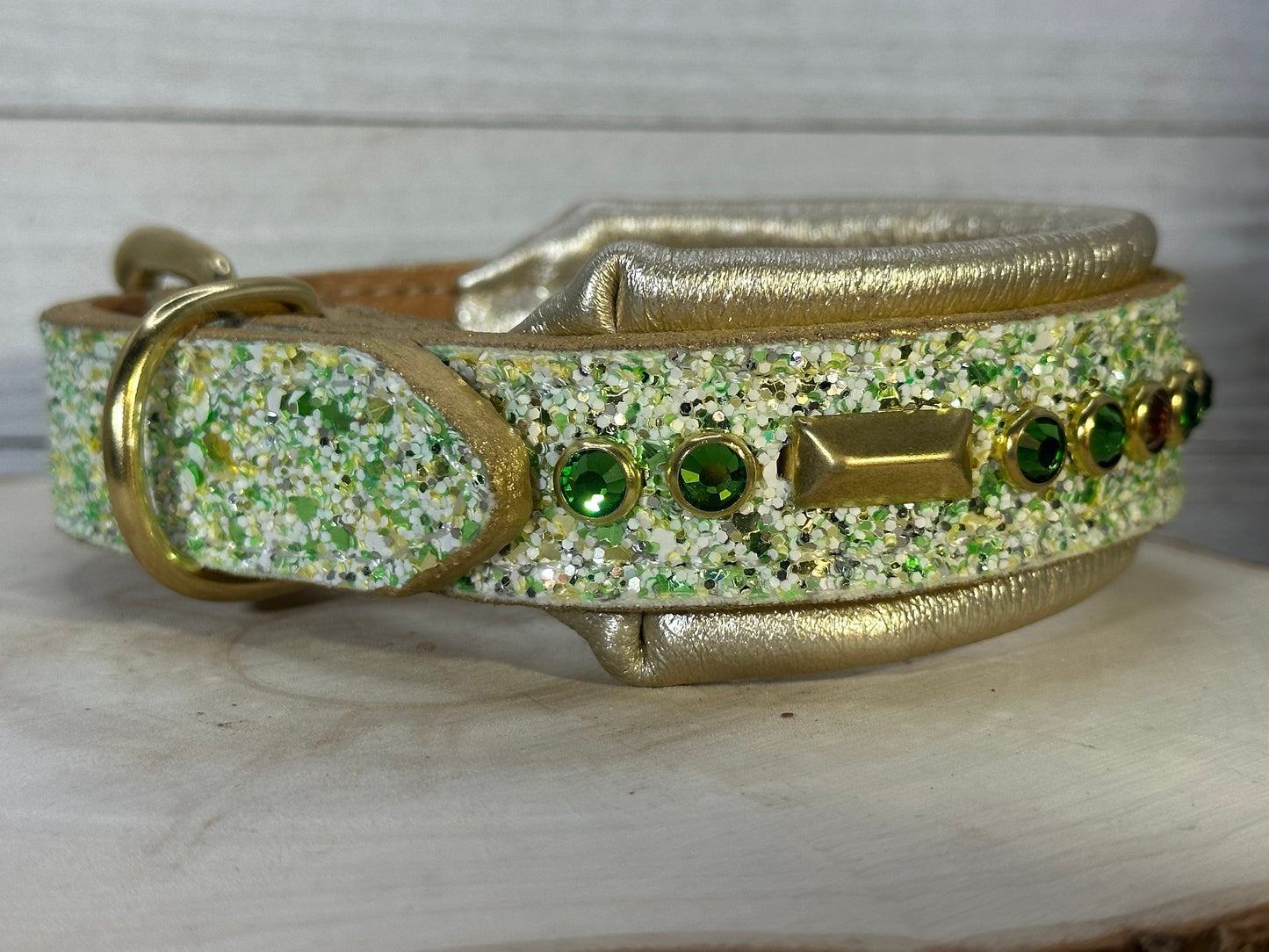 READY TO SHIP! 12.5" - 14.5" Glitter Gold Green Holiday Bling Crystals Luxury Leather Dog CoVA Collar