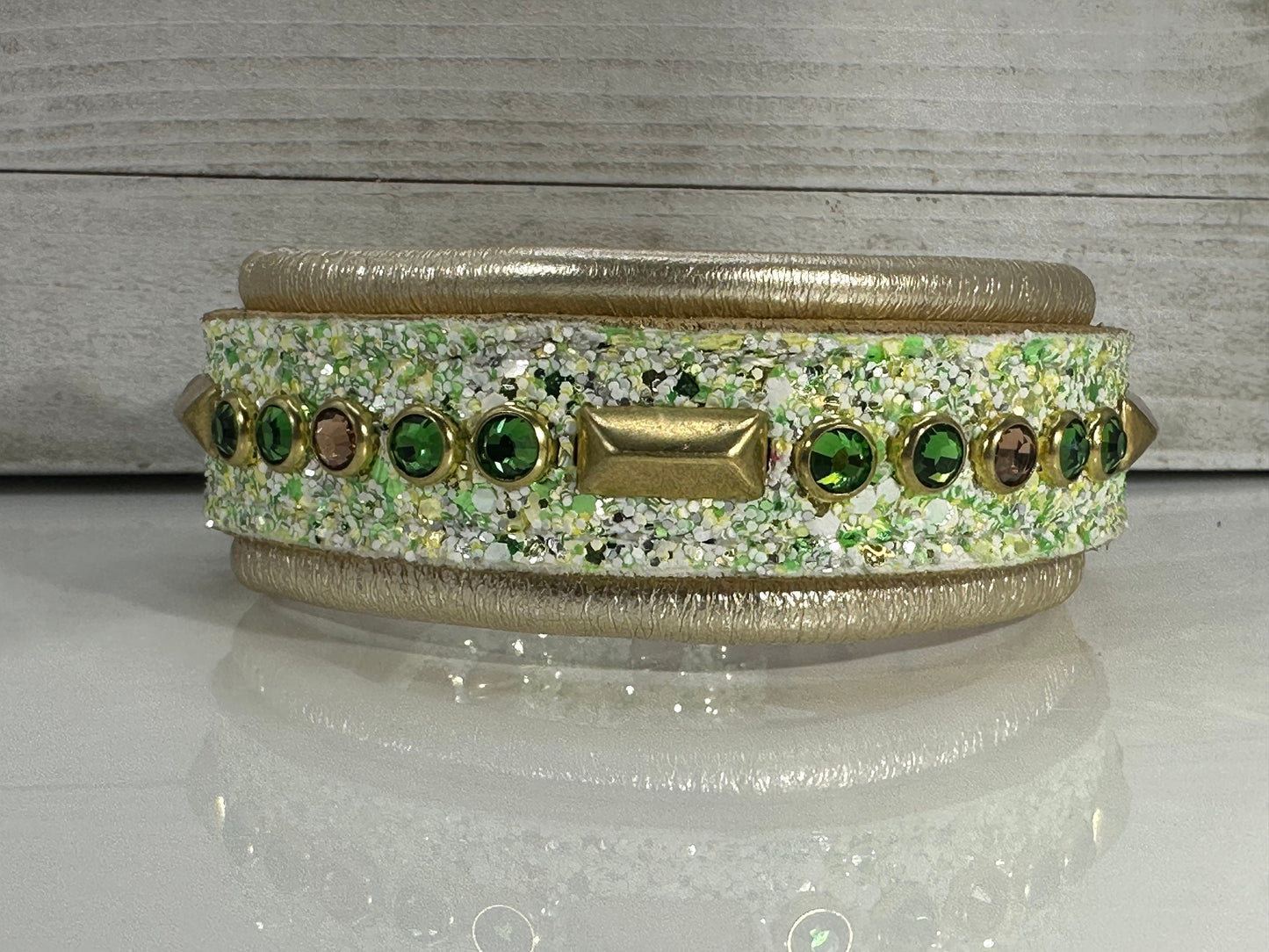 READY TO SHIP! 12.5" - 14.5" Glitter Gold Green Holiday Bling Crystals Luxury Leather Dog CoVA Collar