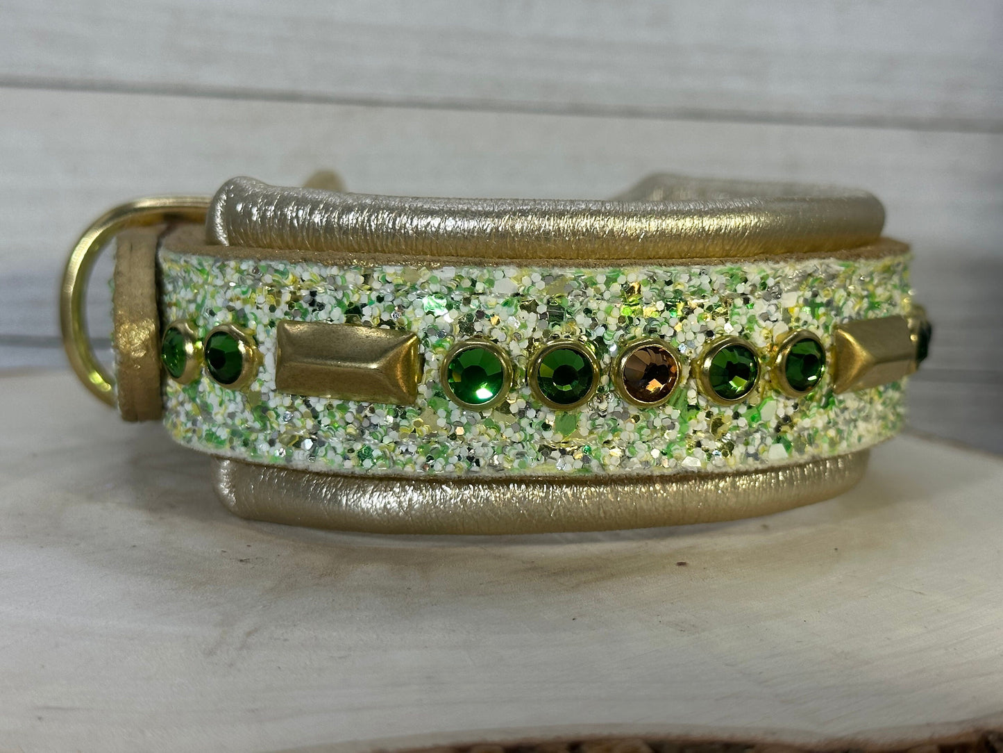 READY TO SHIP! 12.5" - 14.5" Glitter Gold Green Holiday Bling Crystals Luxury Leather Dog CoVA Collar