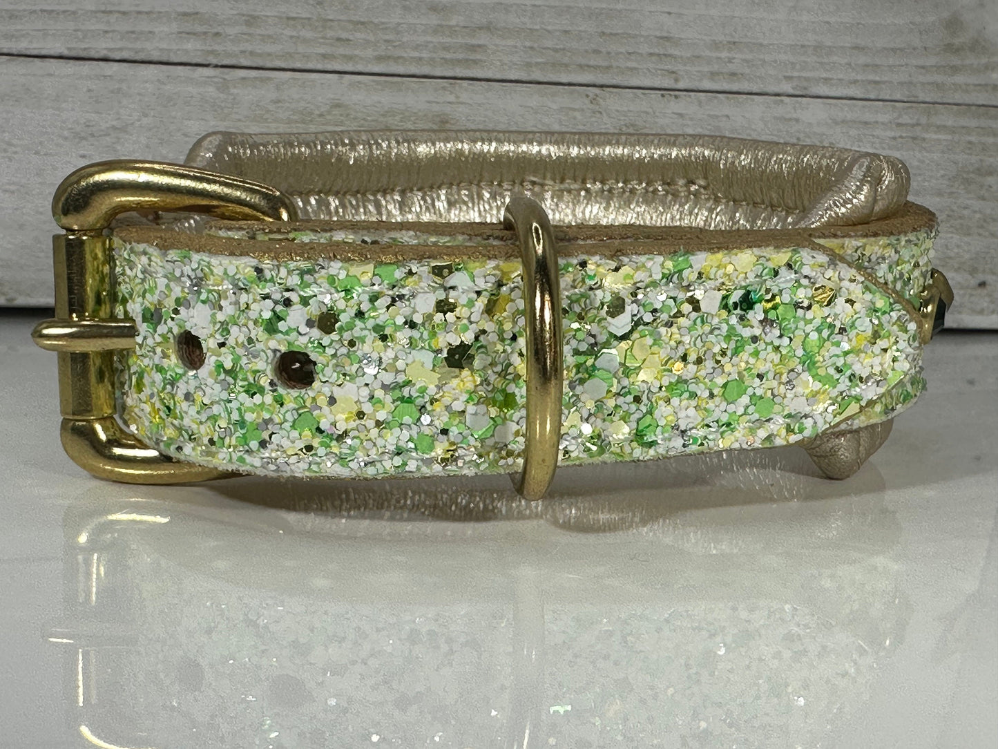 READY TO SHIP! 12.5" - 14.5" Glitter Gold Green Holiday Bling Crystals Luxury Leather Dog CoVA Collar