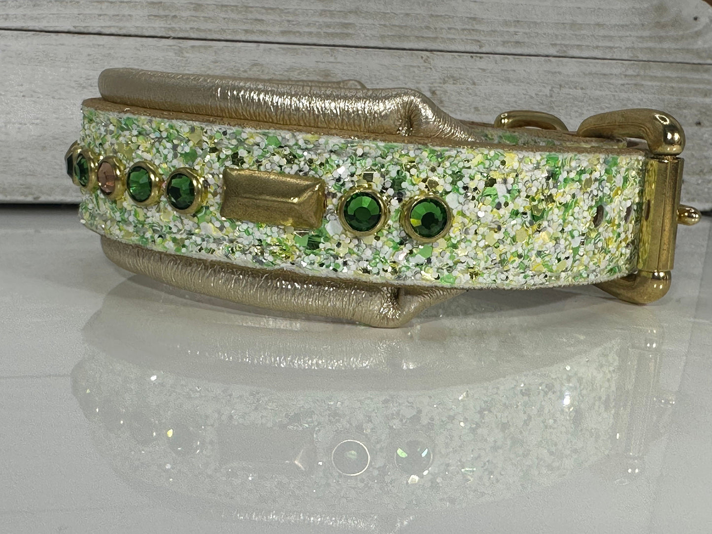 READY TO SHIP! 12.5" - 14.5" Glitter Gold Green Holiday Bling Crystals Luxury Leather Dog CoVA Collar