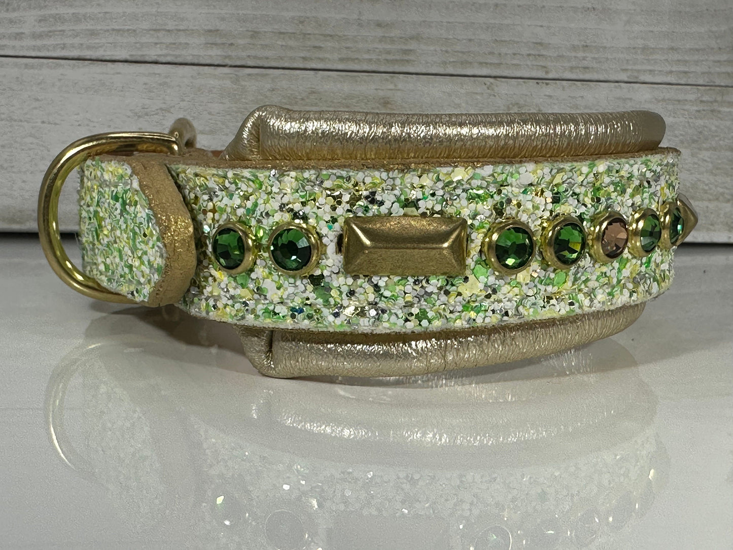 READY TO SHIP! 12.5" - 14.5" Glitter Gold Green Holiday Bling Crystals Luxury Leather Dog CoVA Collar