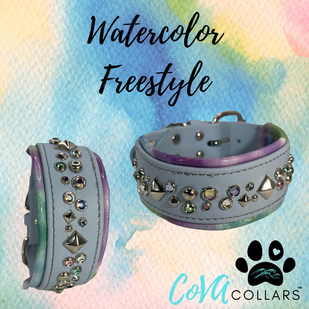 READY TO SHIP! 14.5" - 16.5" & 2 W" Discontinued Pastel Blue Watercolor Vegan Leather Biothane Crystal Luxury Dog Cat CoVA Collar