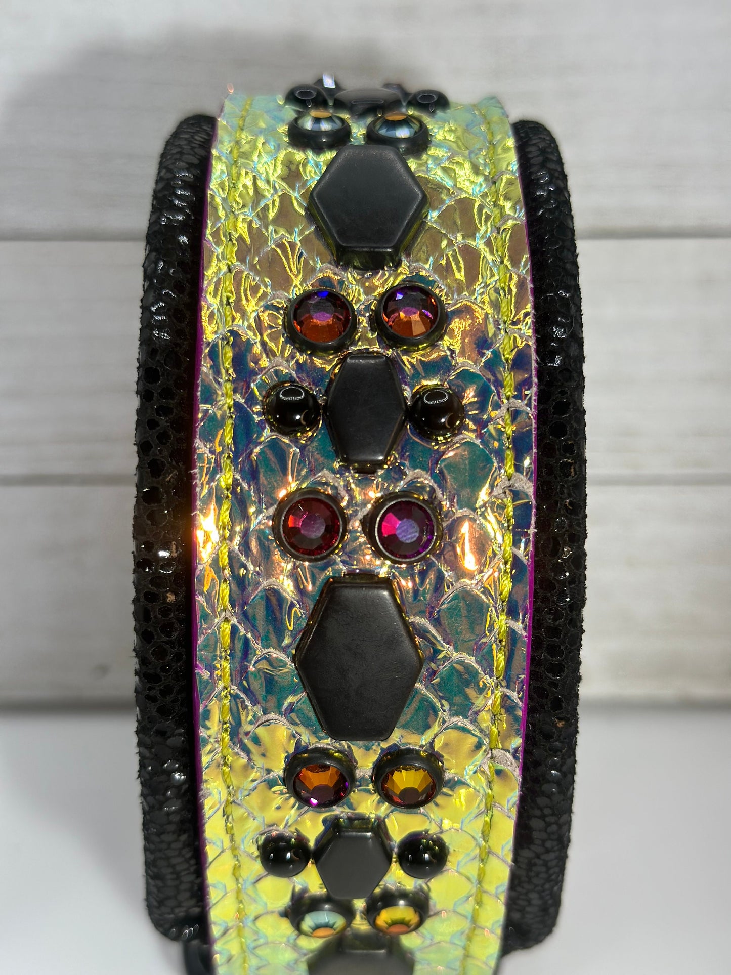 READY TO SHIP! 15" - 17" Holographic Color Change Volcano Purple Black Gold Dragon Crystals Luxury Leather Dog CoVA Collar