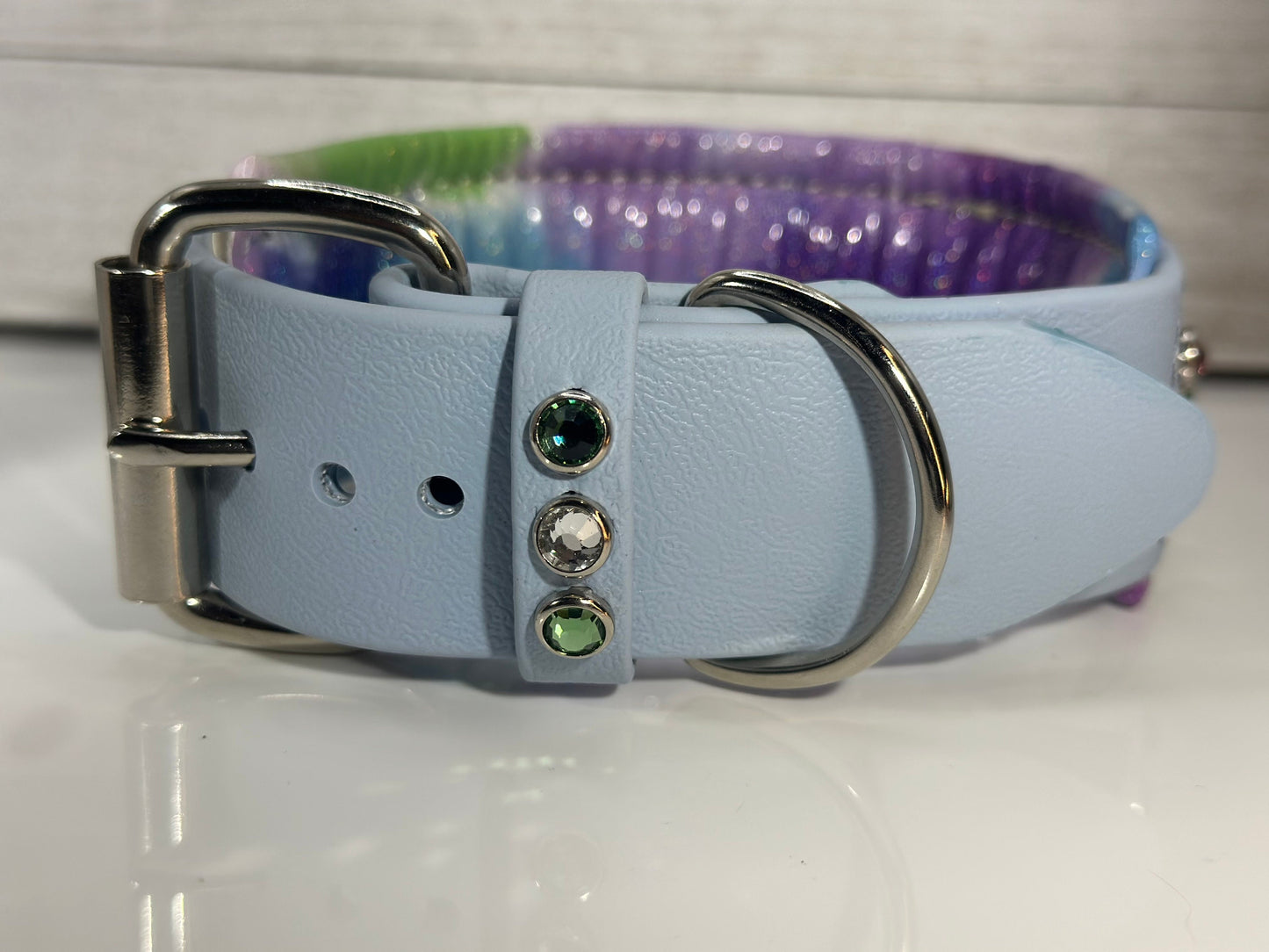 READY TO SHIP! 14.5" - 16.5" & 2 W" Discontinued Pastel Blue Watercolor Vegan Leather Biothane Crystal Luxury Dog Cat CoVA Collar