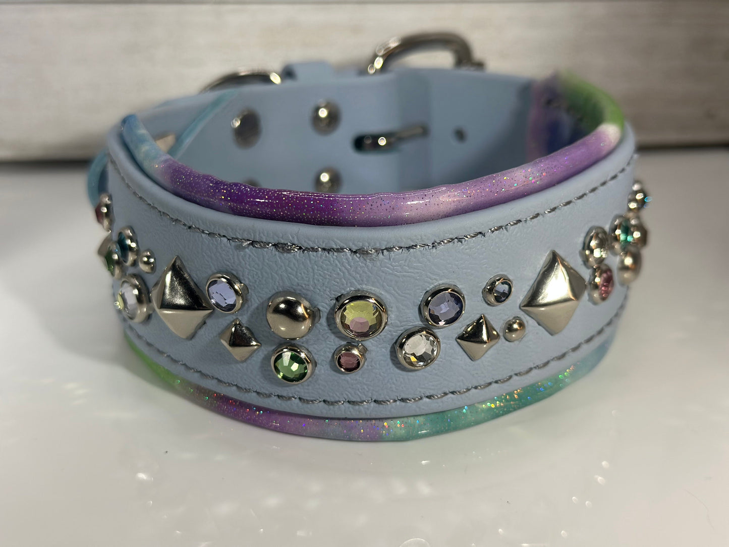 READY TO SHIP! 14.5" - 16.5" & 2 W" Discontinued Pastel Blue Watercolor Vegan Leather Biothane Crystal Luxury Dog Cat CoVA Collar