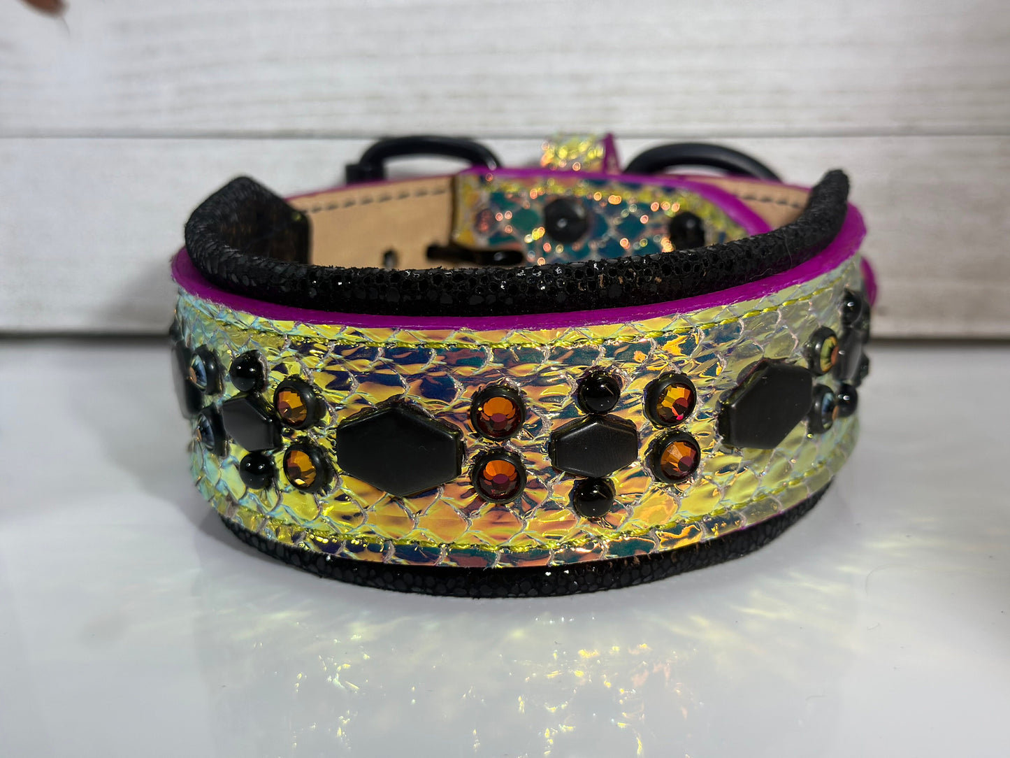 READY TO SHIP! 15" - 17" Holographic Color Change Volcano Purple Black Gold Dragon Crystals Luxury Leather Dog CoVA Collar