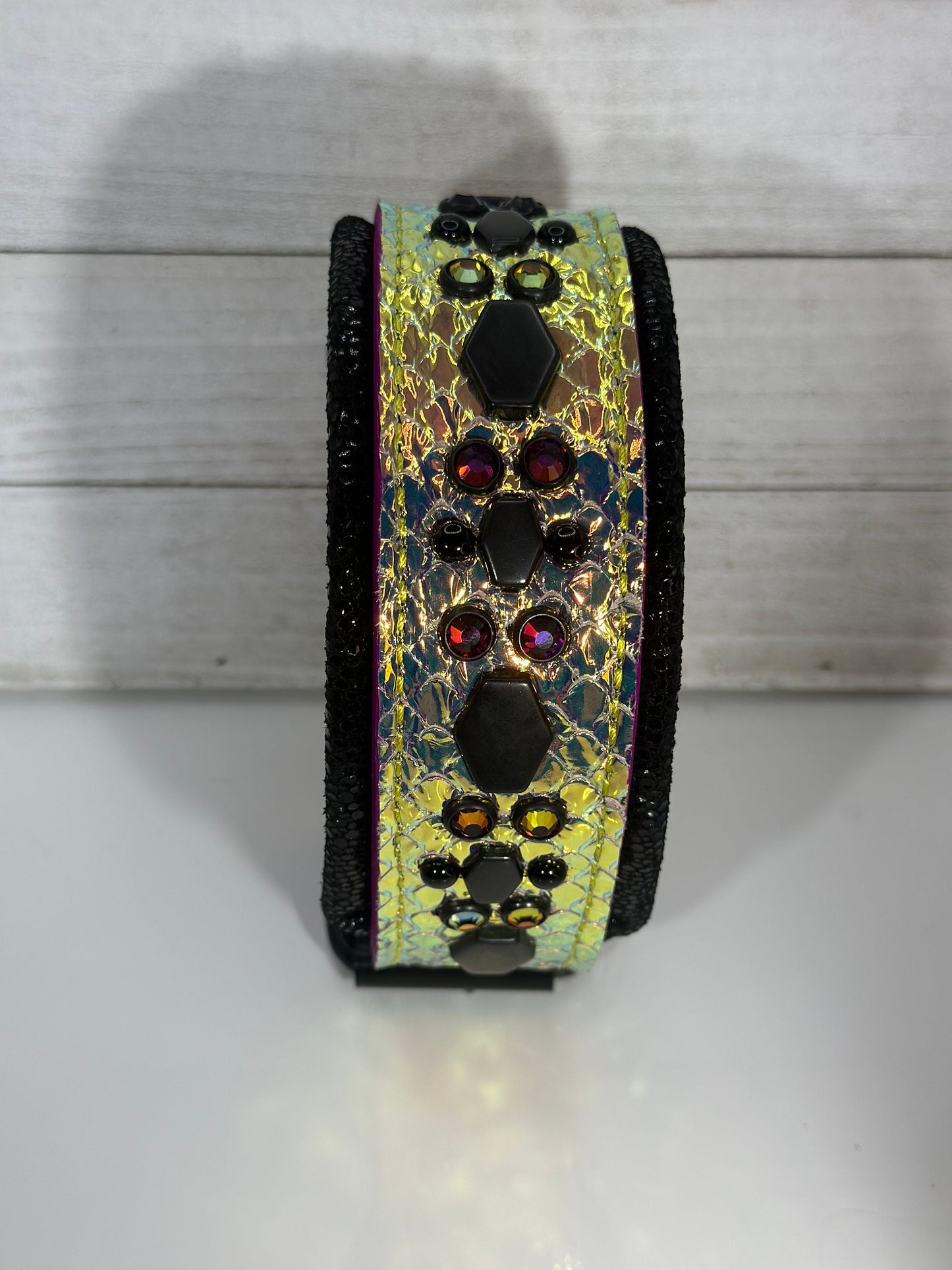 READY TO SHIP! 15" - 17" Holographic Color Change Volcano Purple Black Gold Dragon Crystals Luxury Leather Dog CoVA Collar