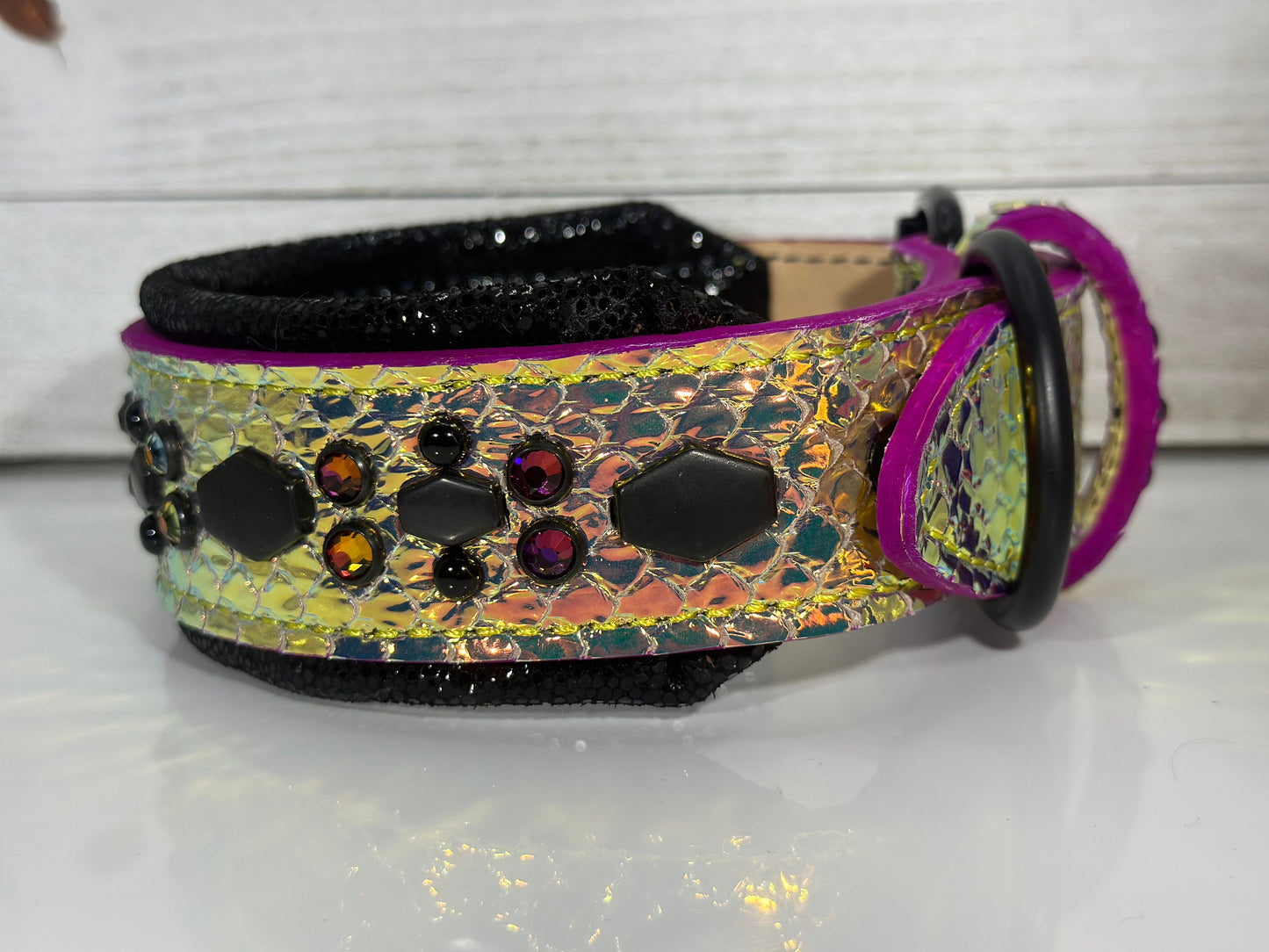 READY TO SHIP! 15" - 17" Holographic Color Change Volcano Purple Black Gold Dragon Crystals Luxury Leather Dog CoVA Collar