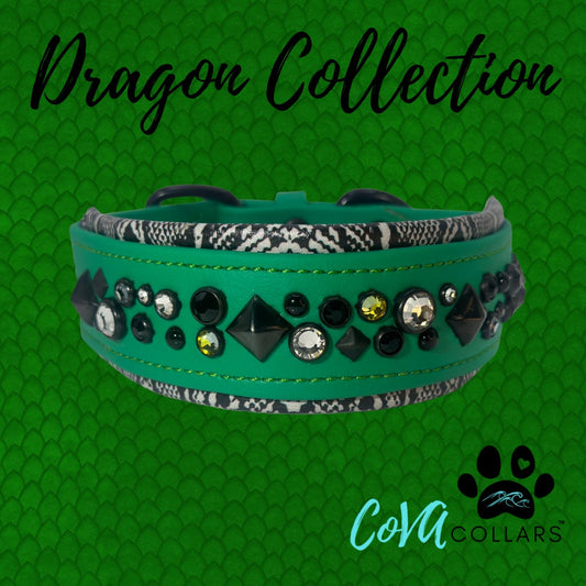 READY 2 SHIP!!! 14.5"-16.5" & 2"w NEW Emerald Green Freestyle Dragon Snake Vegan Leather Biothane Crystal Luxury Dog Cat CoVA Collar