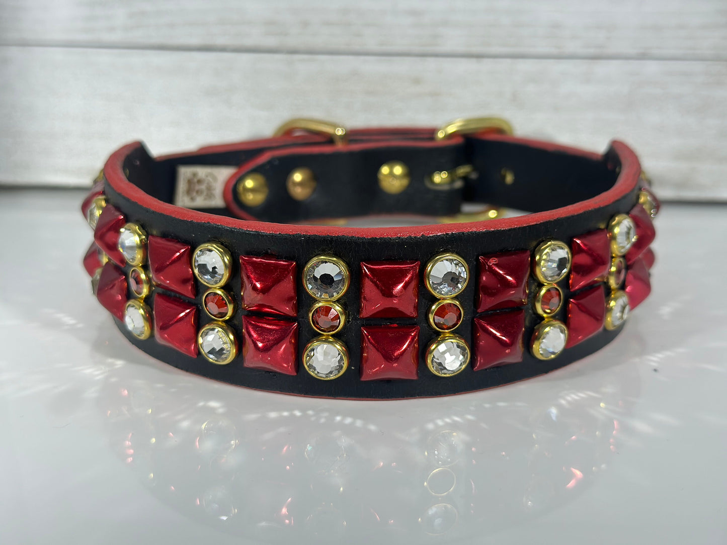 Ready2Ship!! 17"-19" 1.5" wide Bling Crystals Luxury Black Red Gold Studs Bridle Leather Dog Cat CoVA Collar