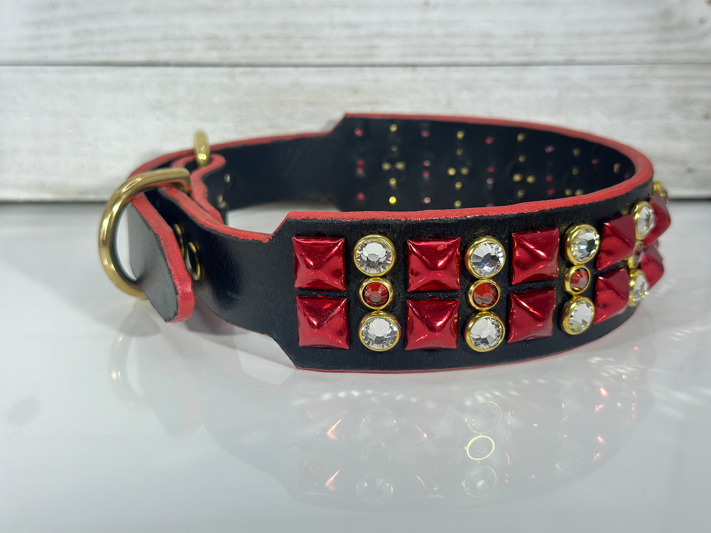 Ready2Ship!! 17"-19" 1.5" wide Bling Crystals Luxury Black Red Gold Studs Bridle Leather Dog Cat CoVA Collar