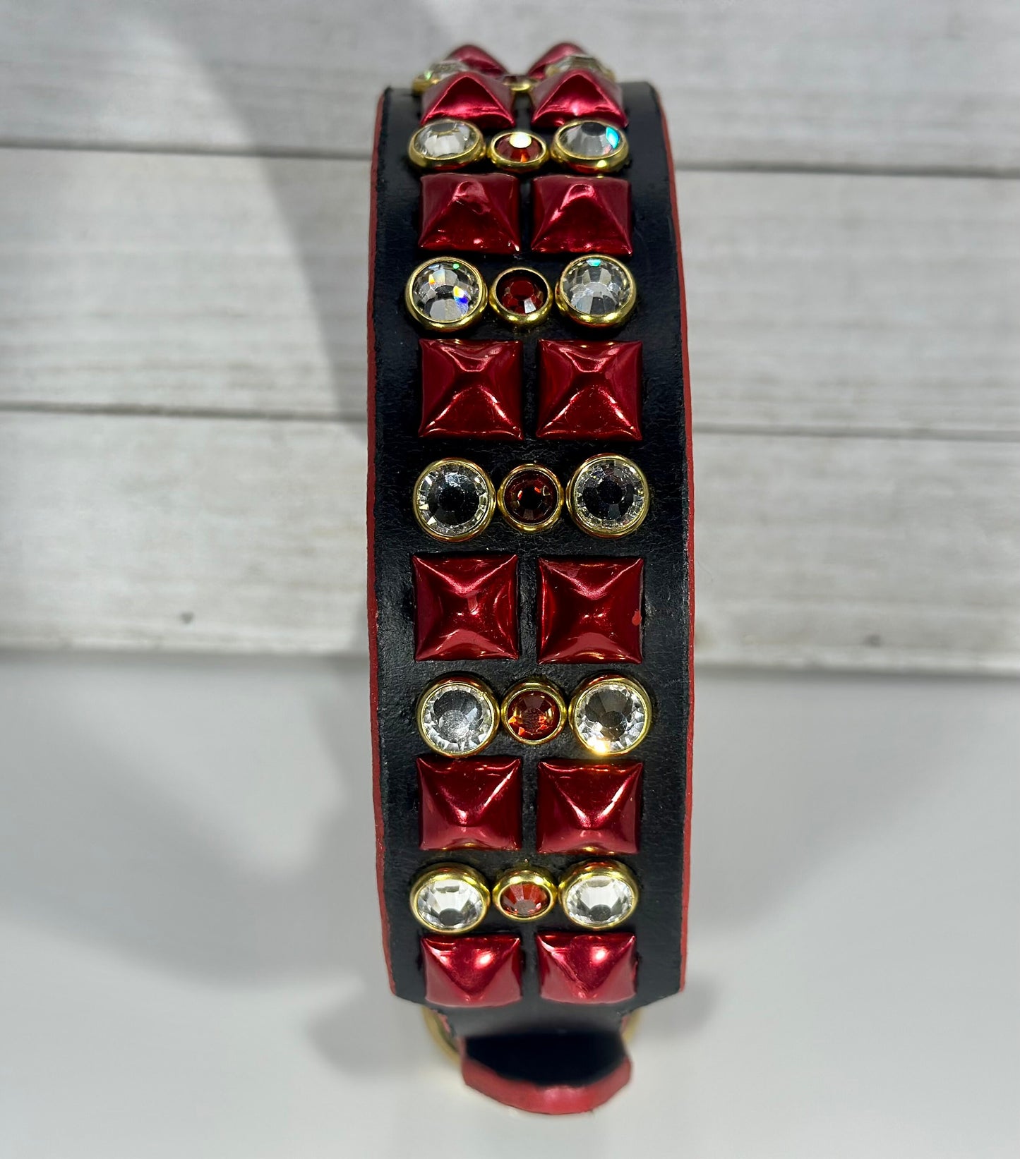 Ready2Ship!! 17"-19" 1.5" wide Bling Crystals Luxury Black Red Gold Studs Bridle Leather Dog Cat CoVA Collar