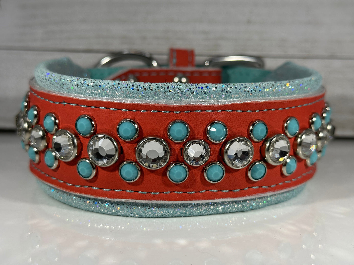 Ready2Ship!! 15.5" - 17.5" & 2" Wide Bling Crystals Luxury Coral Turquoise Leather Dog Cat CoVA Collar