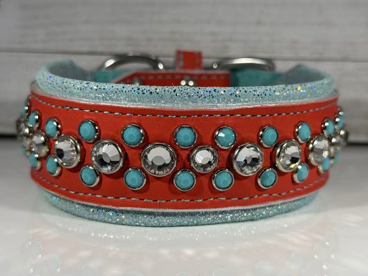 Coral & Turquoise Crystal Leather Dog Collar | 15.5–17.5" × 2"