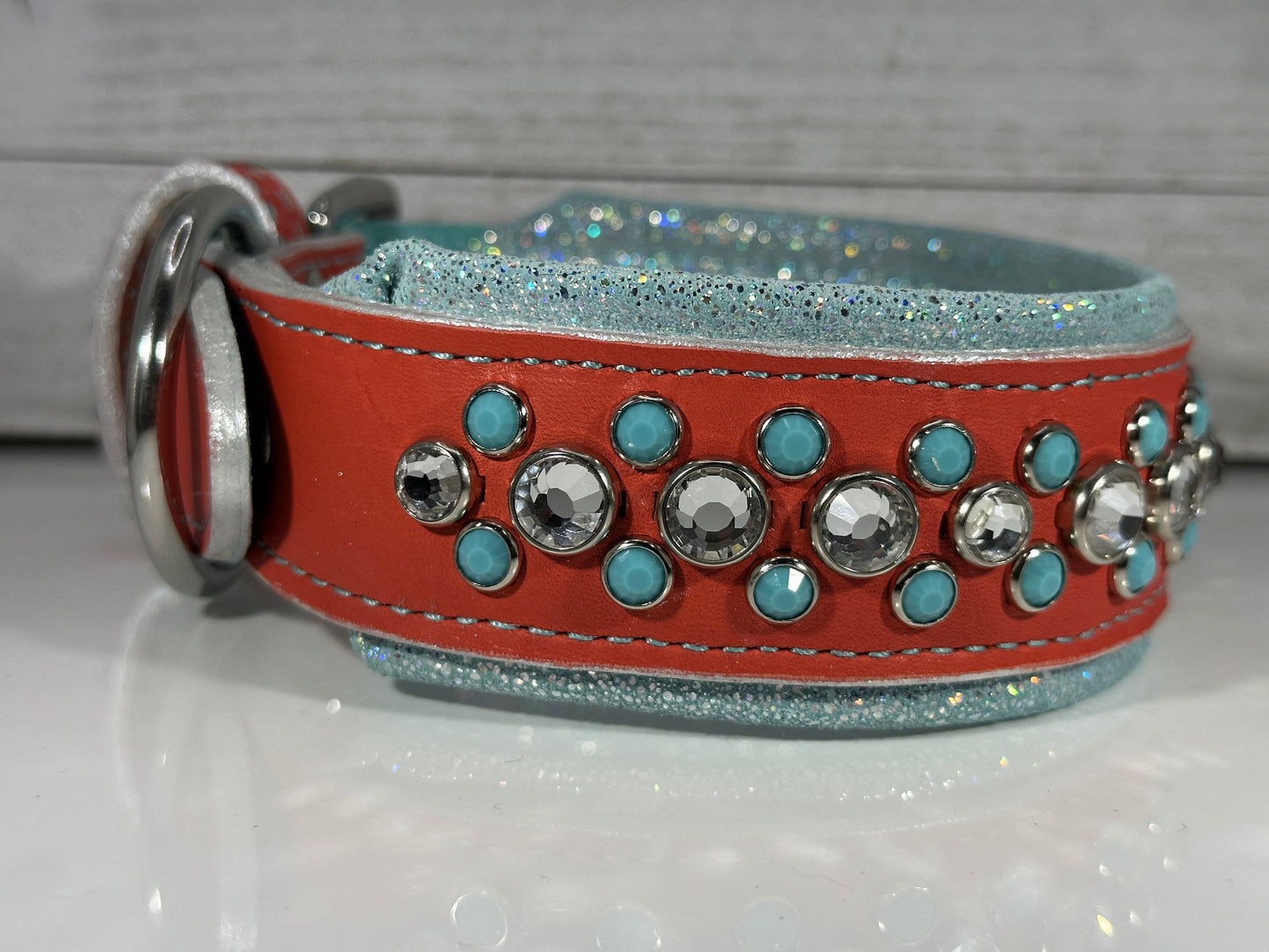 Ready2Ship!! 15.5" - 17.5" & 2" Wide Bling Crystals Luxury Coral Turquoise Leather Dog Cat CoVA Collar