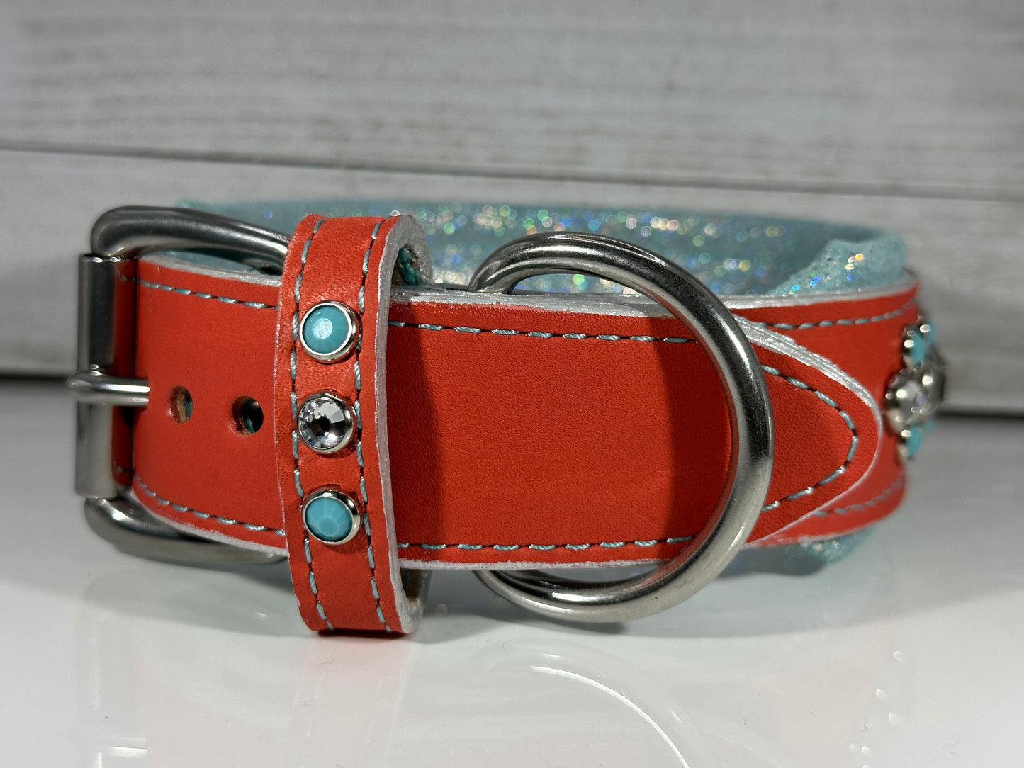Ready2Ship!! 15.5" - 17.5" & 2" Wide Bling Crystals Luxury Coral Turquoise Leather Dog Cat CoVA Collar