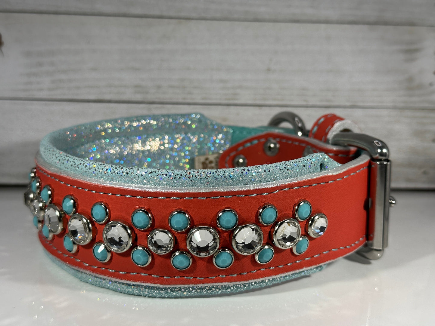 Ready2Ship!! 15.5" - 17.5" & 2" Wide Bling Crystals Luxury Coral Turquoise Leather Dog Cat CoVA Collar