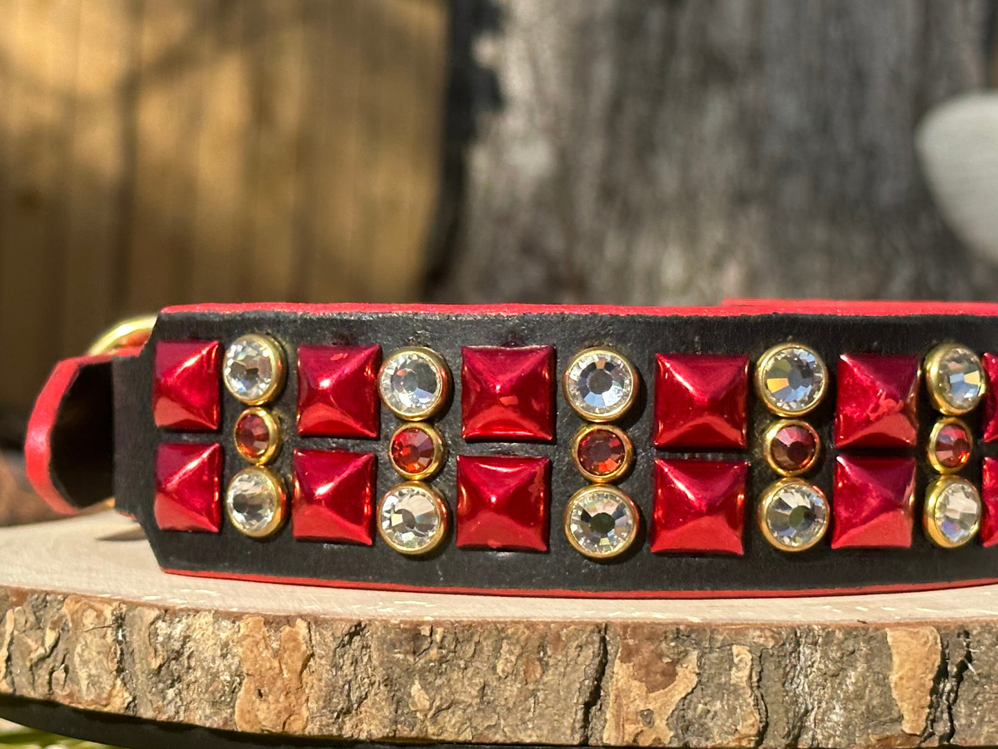 Ready2Ship!! 17"-19" 1.5" wide Bling Crystals Luxury Black Red Gold Studs Bridle Leather Dog Cat CoVA Collar