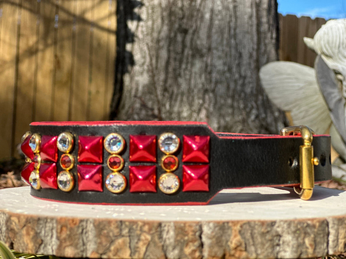 Ready2Ship!! 17"-19" 1.5" wide Bling Crystals Luxury Black Red Gold Studs Bridle Leather Dog Cat CoVA Collar