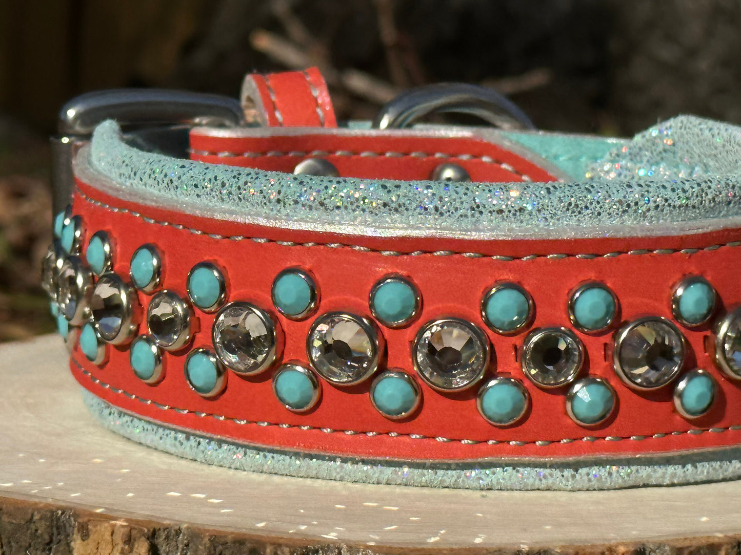 Ready2Ship!! 15.5" - 17.5" & 2" Wide Bling Crystals Luxury Coral Turquoise Leather Dog Cat CoVA Collar