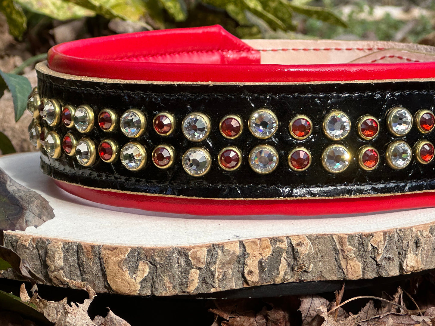 READY to SHIP!!! PREMIUM Italian 19"-21" & 2" Wide Luxury Patent Dog Cat Leather Red Black Gold Black Crystal CoVA Collar