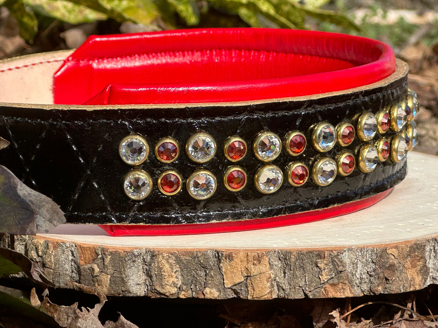 READY to SHIP!!! PREMIUM Italian 19"-21" & 2" Wide Luxury Patent Dog Cat Leather Red Black Gold Black Crystal CoVA Collar