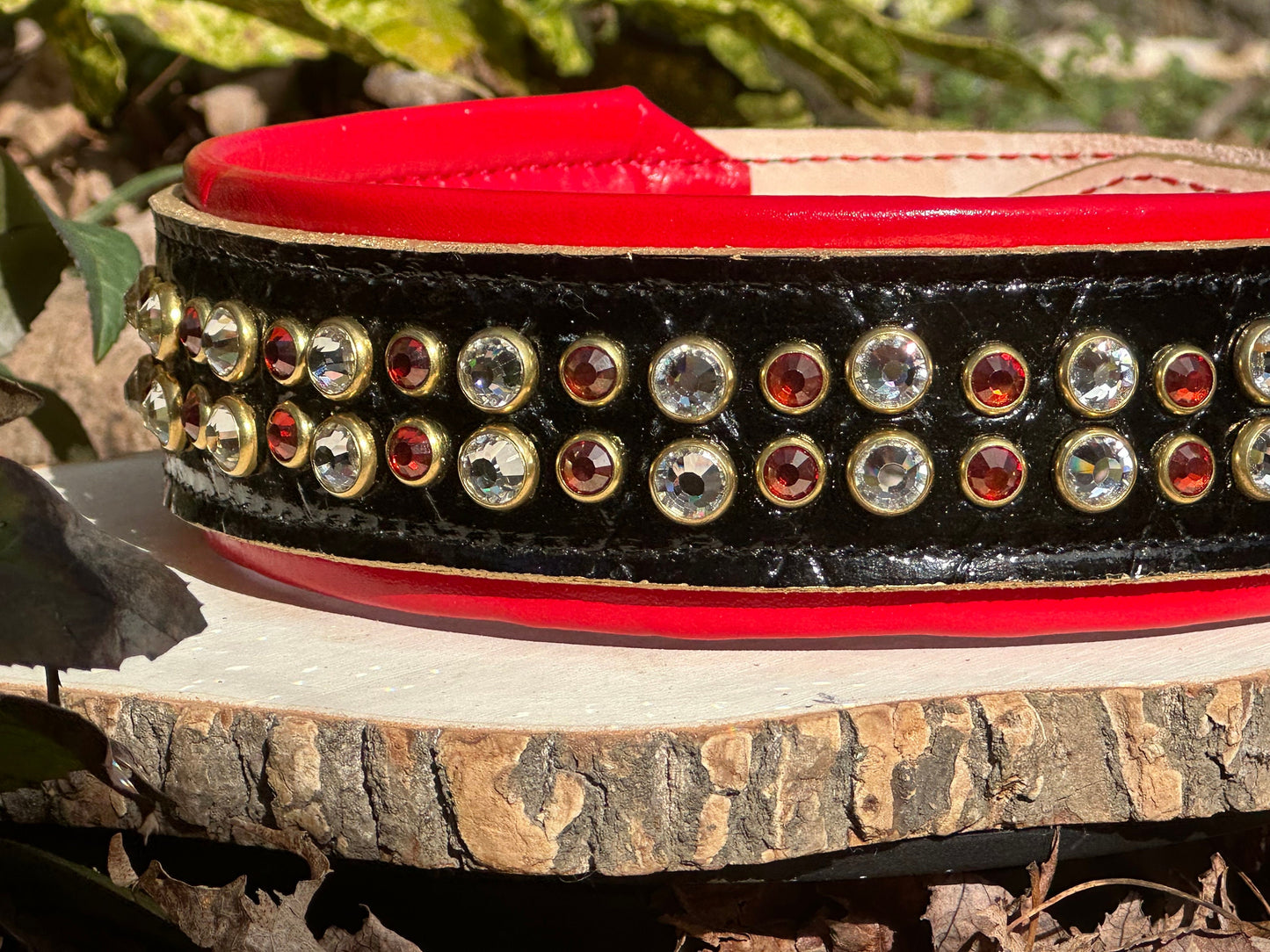 READY to SHIP!!! PREMIUM Italian 19"-21" & 2" Wide Luxury Patent Dog Cat Leather Red Black Gold Black Crystal CoVA Collar