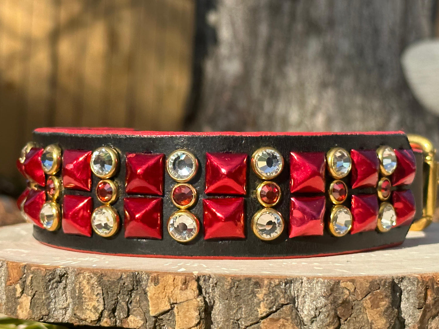 Ready2Ship!! 17"-19" 1.5" wide Bling Crystals Luxury Black Red Gold Studs Bridle Leather Dog Cat CoVA Collar