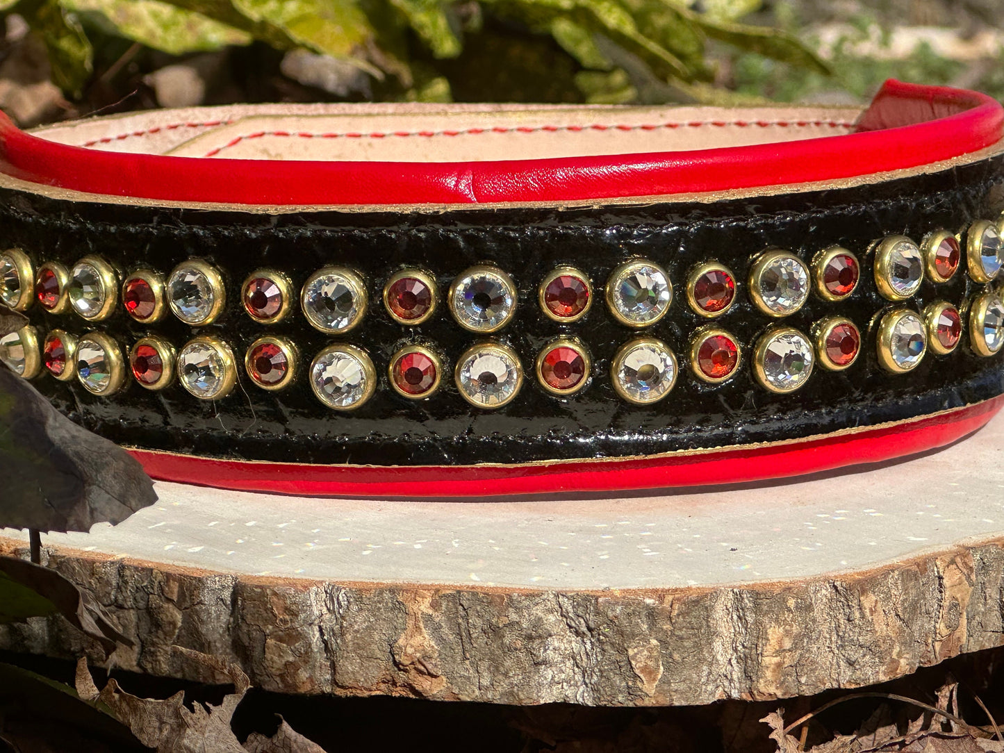 READY to SHIP!!! PREMIUM Italian 19"-21" & 2" Wide Luxury Patent Dog Cat Leather Red Black Gold Black Crystal CoVA Collar