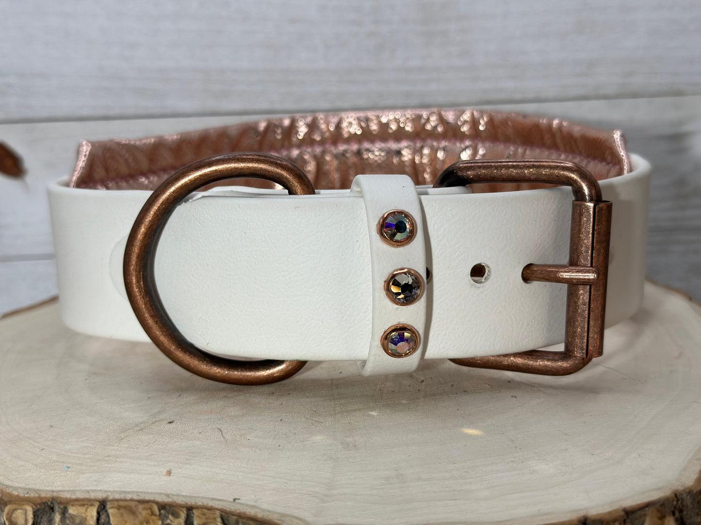 READY TO SHIP!!! 17" - 19" & 2" wide White Rose Gold Vegan Leather Biothane Bling Crystal Luxury Dog Cat Collar