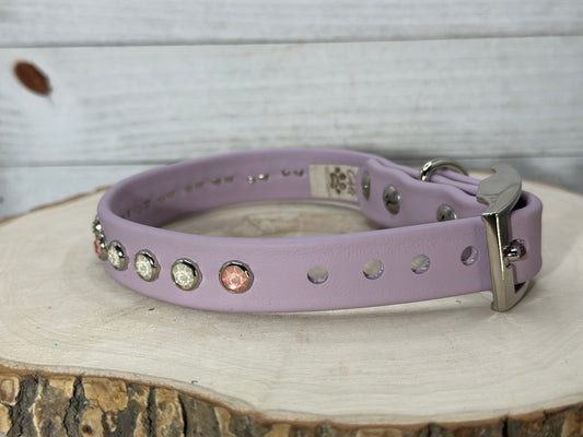 READY TO SHIP!!! 11" - 13" & .75" wide Pastel Lilac Lavender Purple White Pink Vegan Leather Biothane Crystal Luxury Dog Collar