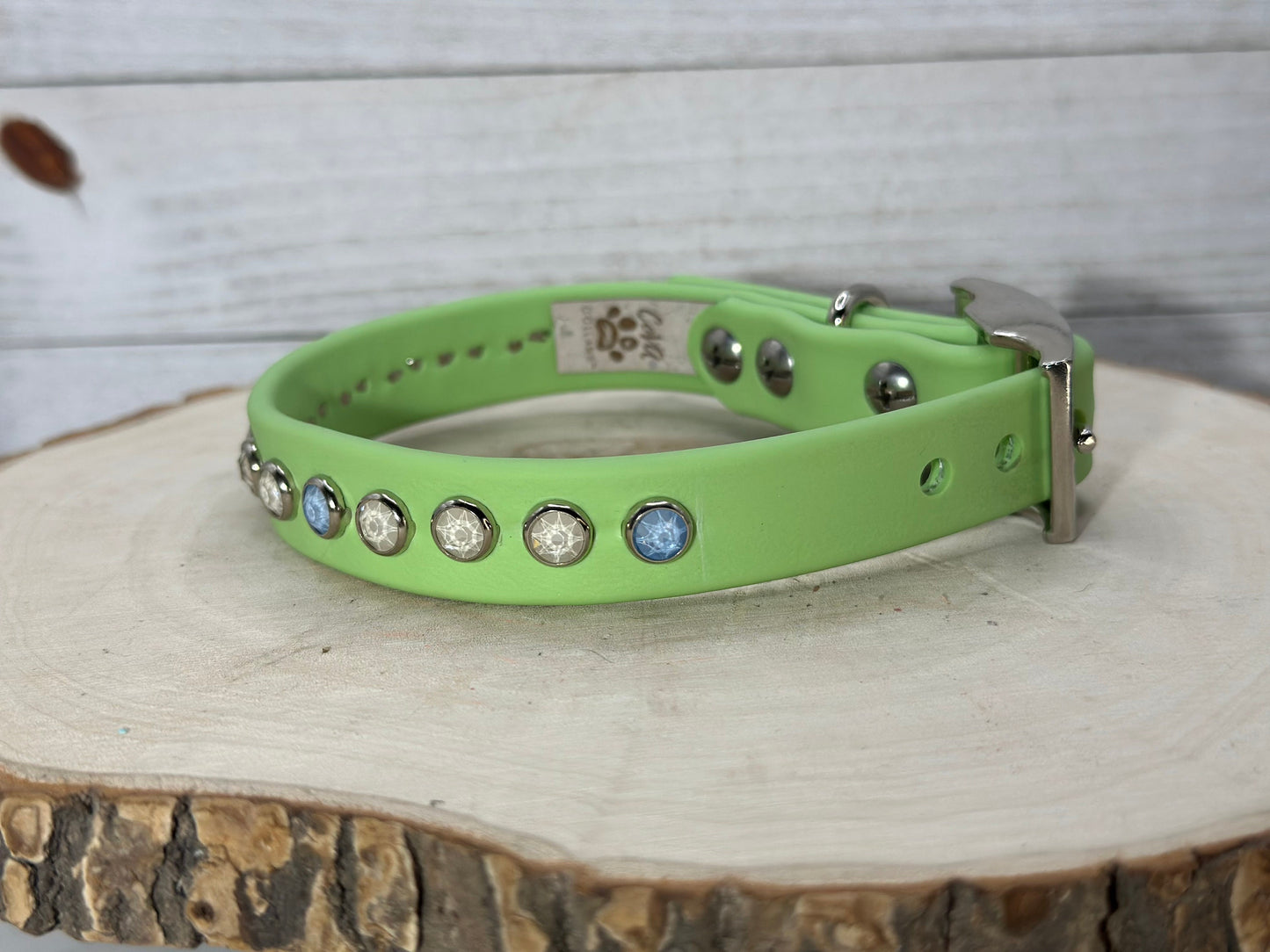 READY TO SHIP! 10.5" - 12.5" & .75" Wide Pastel Green (Discontinued) Crystals Luxury Vegan Leather Dog Collar